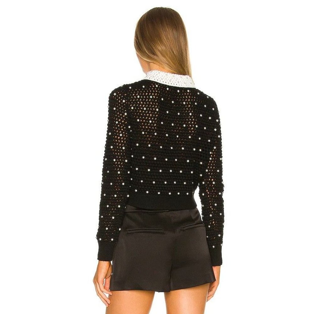 Alice + Olivia Collins Pearl Embellished Crochet Wool Black Cardigan XS NWT $595 - Picture 5 of 13